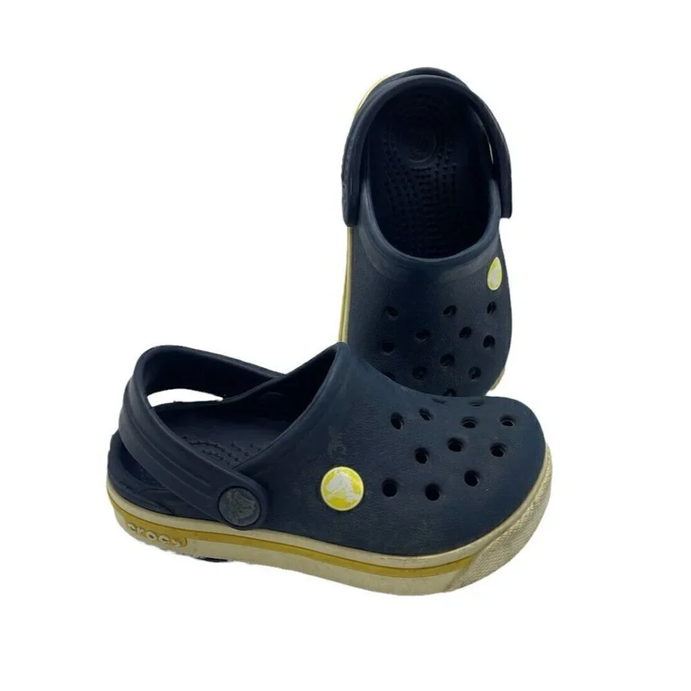 Crocs Navy White Yellow Stripe Crocband Clogs Sandals Toddler Unisex Size C 4-5